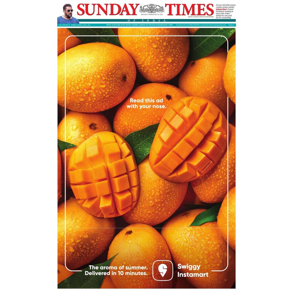 swiggy instamart mango scented ad campaign insert