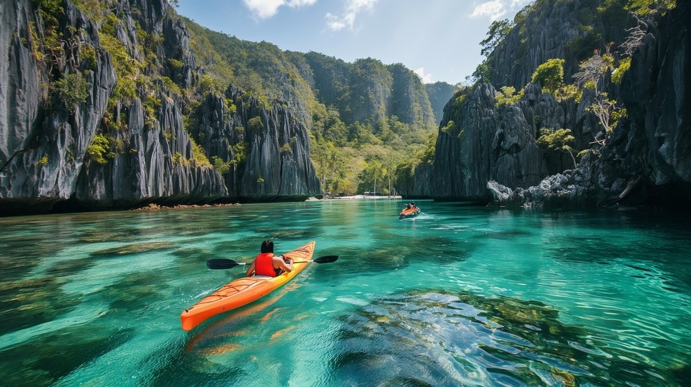 Adventurous,Kayaking,In,Coron,,El,Nido,,Palawan,,Philippines,Limestone,Cliff