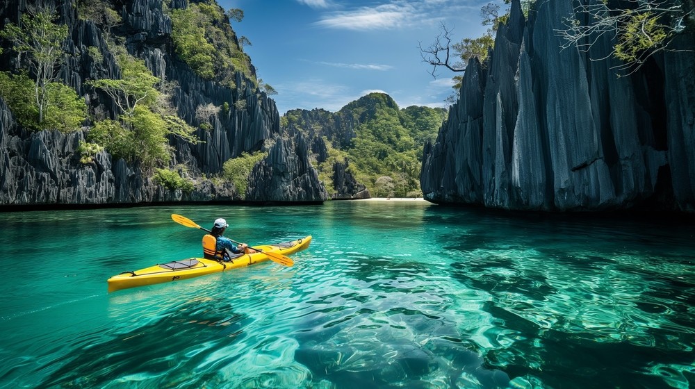 Adventurous,Kayaking,In,Coron,,El,Nido,,Palawan,,Philippines,Limestone,Cliff